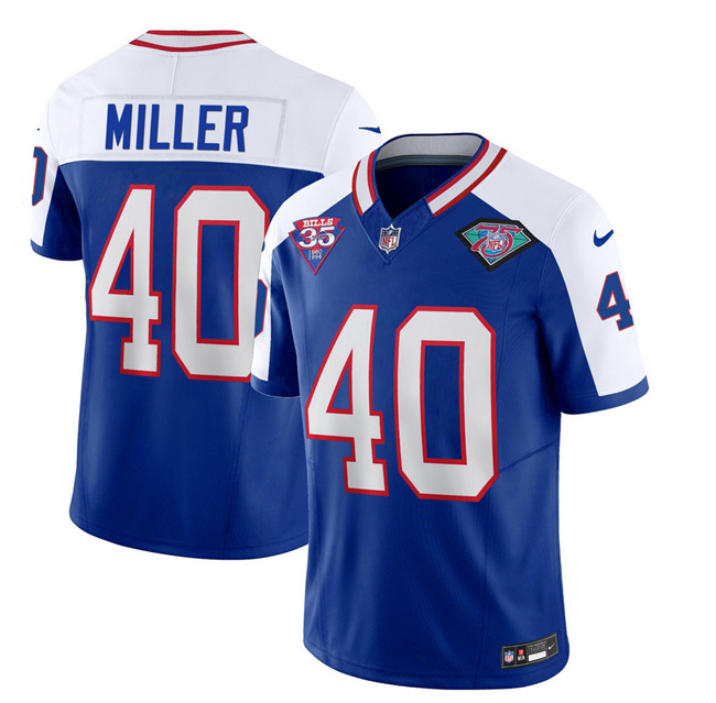 Men's Buffalo Bills #40 Von Miller Blue/White 2023 F.U.S.E. 75th Anniversary Throwback Vapor Untouchable Limited Football Stitched Jersey